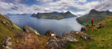 Summer mountain landscape panorama View on Funningur fjord from the Funningur top. Eysturoy Island, Faroe islands.の写真素材