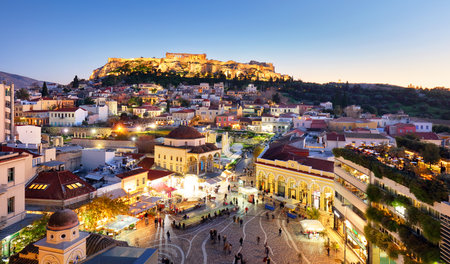 Skyline of Athens with Moanstiraki square and Acropolis hill, Athens Greeceの写真素材