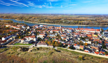 Autumnal panoramic view of the town of Hainburg an der Donau, Austria, from the Hainburg Castle ruins, with the Danube Riverの写真素材