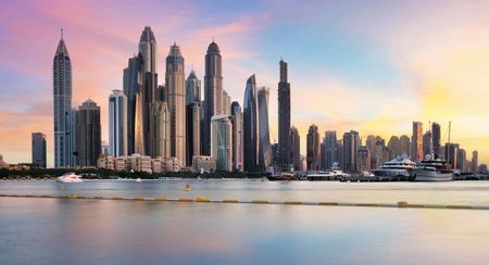 Sunset view of the Dubai Marina and JBR area and golden sand beaches in the Persian Gulf. Holidays and vacations in the UAEの写真素材