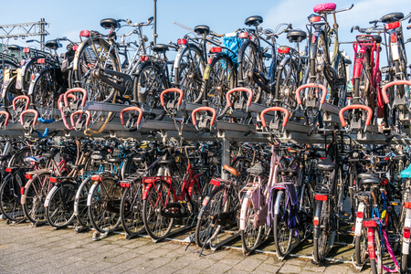 Two-level parking of bicycles in Eindhoven city, Netherlands.の写真素材