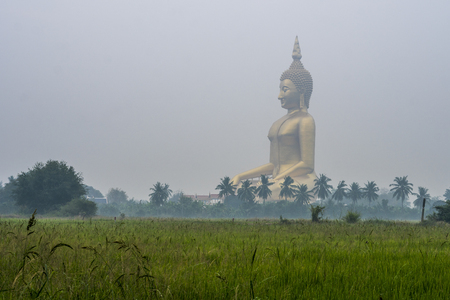 Large sitting Buddha above the palm trees and rice fields. The biggest Buddha of Thailand. Ang Thong province, Thailandの写真素材