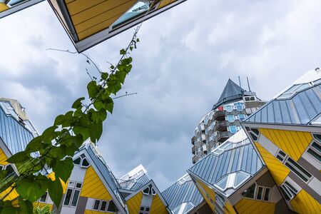 ROTTERDAM, THE NETHERLANDS - AUG 23, 2018: Yellow Cubic houses and apartments in Rotterdam. The Netherlandsのeditorial素材
