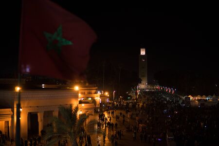 MOROCCO - MARRAKECH JAN 2019; Night view on koutoubiya mosque from Djemaa el Fna, a square and market place in Marrakeshs medina quarterのeditorial素材