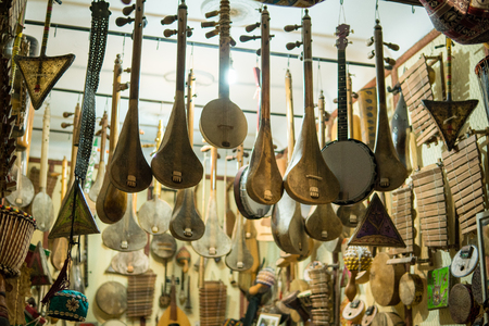 Selection of traditional musical instruments on Moroccan market in Marrakesh, Moroccoの写真素材