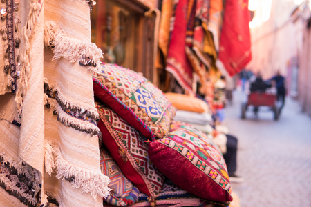 Traditional Maghreb Weaving Carpets on the street of Morocco bazaar, Marakeshの写真素材