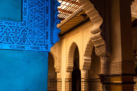 MARRAKESH, MOROCCO - JAN 2019: Moroccan architecture traditional arabian design - Rich Riyad arch mosaic interior detailのeditorial素材