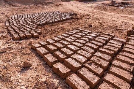 Paving stones clay bricks, hand-made exposed to the sun to dry in Morocco