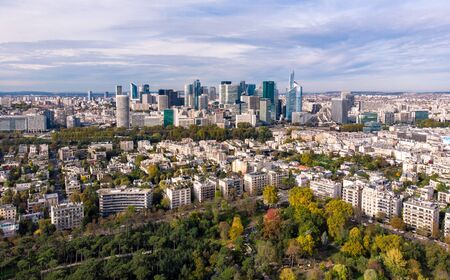 FRANCE, PARIS - OCT 2019: Aerial shot of financial and business district of La Defense, Paris. Skyscrapers skyline aerialのeditorial素材