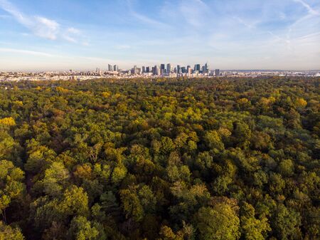 FRANCE, PARIS - OCT 2019: Aerial shot of financial and business district of La Defense, Paris. Skyscrapers skyline aerialのeditorial素材