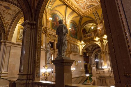 VIENNA, AUSTRIA - OCTOBER 2019: Interior of Vienna State Opera House. Wiener Staatsoper stairs, fresco and rich gold interiorのeditorial素材