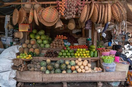 ARUSHA area: Native Market in Mto Wa Mbu near the Ngorongoro concervation area withdifferent fruits and wicker dishesの写真素材
