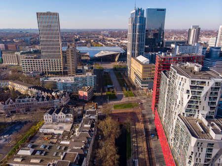 ROTTERDAM, THE NETHERLANDS - MARCH 2020: View at Most Expensive living buildings in Rotterdam, The Netherlands. Unusual Designed Architecture near the Central railway Stationのeditorial素材