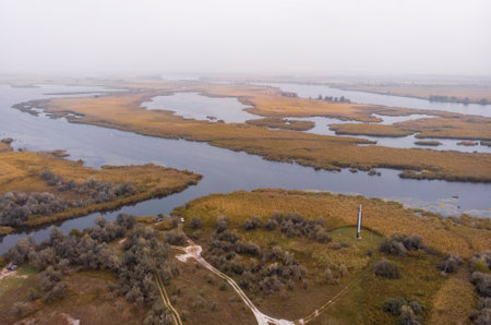 Aerial Shot of the Misty Autumn Floodplains of the Dnieper River with Reed islands in the riverの写真素材