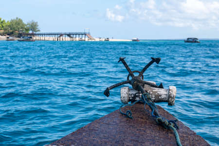 Bow side of Traditional Zanzibar Dhow boat with anchor and Ropeの写真素材