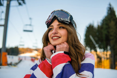 Portrait of Happy Pretty Caucasian woman in ski outfit and With Snowboarding Mask on her Head. Portrait of cheerful blond woman at ski resortの写真素材