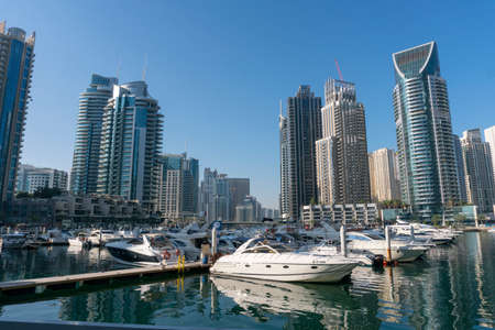 DUBAI, UAE - JANUARY 2020: Modern buildings Near the Channel in Dubai. In the city of artificial...