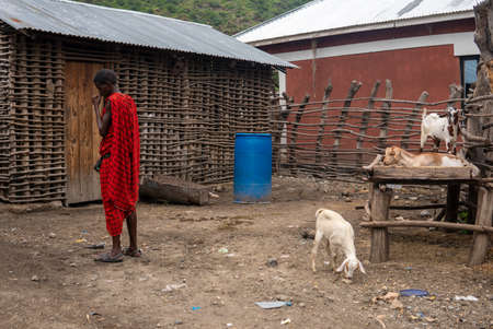 TANZANIA, MASAI VILLAGE - JANUARY 2020: Portrait of Maasai man people in native masai village Engare Sero on the coast of Natron Lake in Maasailand, Arusha districtのeditorial素材