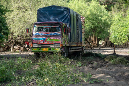 TANZANIA, ARUSHA - JAN 2020: Heavy Cargo Truck Stuck on the Sandy Road in Africa. Putting BranchesUnder Wheels at African Mainland Roads. East Africaのeditorial素材