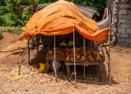 Zanzibar, Tanzania - JANUARY 2020: Black African People Vendors at the Street Fruit and Goods Shop stall Point on Village Streets of Zanzibarのeditorial素材