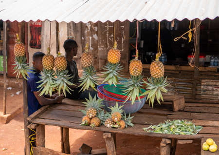 Zanzibar, Tanzania - JANUARY 2020: Black African People Vendors at the Street Fruit and Goods Shop stall Point on Village Streets of Zanzibarのeditorial素材