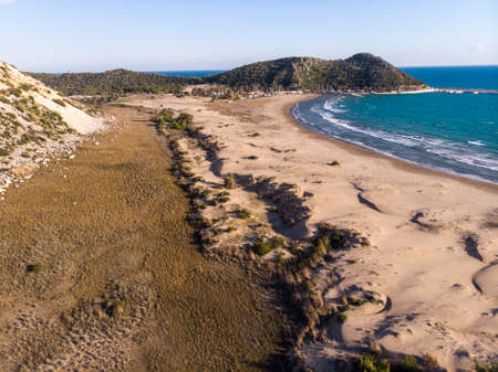 Aerial Remarkable historical sand beach on the mediterranean sea of demreの写真素材