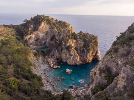 Aerial Drone Shot of Beautiful Antioch ad Cragum lagoon framed by solid rocks at Evening Timeの写真素材