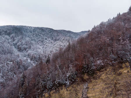 Wonderful landscapes of the Carpathian Mountains covered with snow at Cloudy Day in Ukraine near the village of Vyzhnytsia and River Cheremoshの写真素材