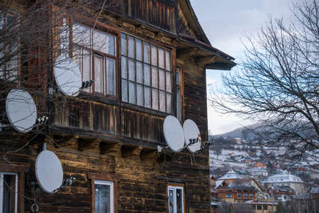 Old Historical Wooden houses in the Carpathian mountains at Winter. Vorokhta, Ukraineの写真素材