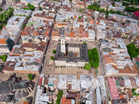 Top View on Lviv city center aerial view at Summertime midday, Western Ukraineの写真素材