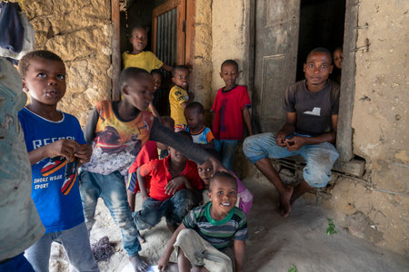 Pemba Island, Zanzibar, Tanzania - January 2020 : Young Cheerful African Kids in remote village Near their Basic Poor Homeのeditorial素材