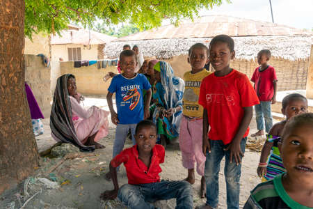 Pemba Island, Zanzibar, Tanzania - January 2020 : Young Cheerful African Kids in remote village Near their Basic Poor Homeのeditorial素材
