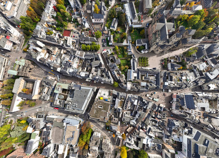 Aerial Drone Shot of the City Center in Trier, Rheinland-Pfalz. Autumn day in Famous German cityの写真素材