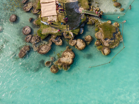 Aerial Drone Shot of Ancient Stromatolites in seven colores lagoon near Bacalar, Quintana Roo, Mexicoの写真素材