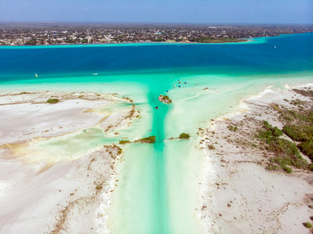Aerial Drone Shot of the Pirate Channel of Bacalar Quintana roo, Mexico. Shipwreck island in Lagoon of seven colorsの写真素材