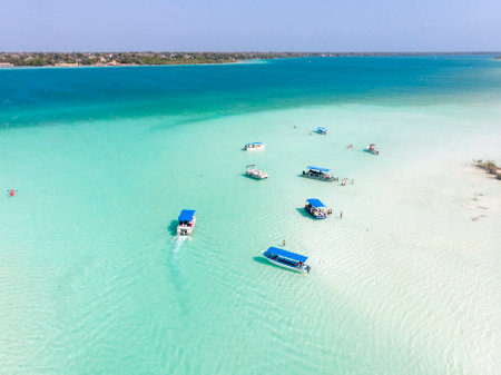 Aerial landscape of the pirate channel in Bacalar Quintana roo, Mexico. Lagoon of seven colors from the skyの写真素材
