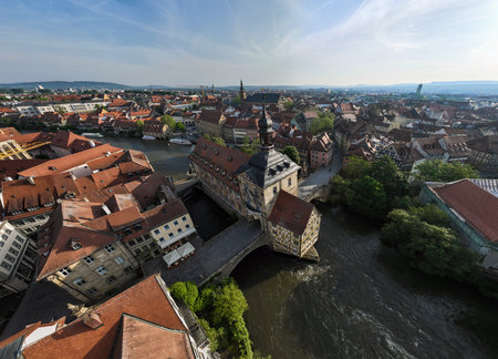 aerial view of the old town of bamberg with the historic town hall on the regnitzの写真素材