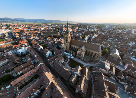 Aerial Drone Shot of the city of Colmar in Alsace France. Quiet streets at sunny Morning.の写真素材
