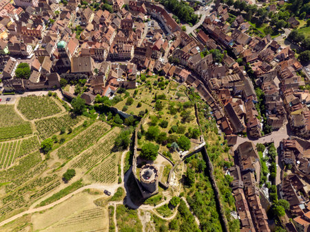 Aerial Drone Shot of the village of Kaysersberg in Alsace in a day. Summer in France, Castle and a beautiful Cityの写真素材