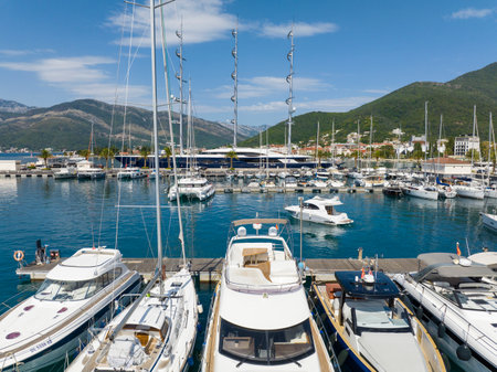 Tivat, Montenegro, Harbour. A lot of luxury yachts in Porto Montenegro, prestigious shopping village and yacht portの写真素材