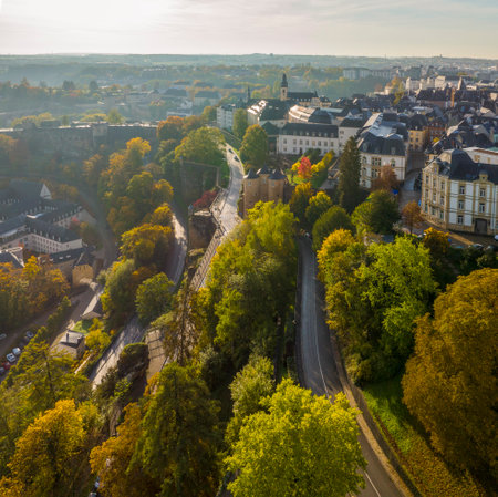 Aerial Shot of the Historical Center in Luxembourg City, The capital of Kingdom Luxembourg in the Morning Lightの写真素材