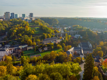 Aerial Shot of the Historical Center in Luxembourg City, The capital of Kingdom Luxembourg in the Morning Lightの写真素材