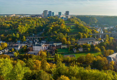 Aerial Shot of the Historical Center in Luxembourg City, The capital of Luxembourg in the Morning Lightの写真素材