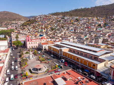 Pachuca de Soto, Aerial view of the Plaza de la Constitucion with colorful houses in the center of Pachuca, Hidalgoの写真素材