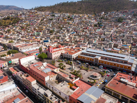 Pachuca de Soto, Aerial view of the Plaza de la Constitucion with colorful houses in the center of Pachuca, Hidalgoの写真素材