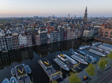 Amsterdam Historical Center Aerial morning View. Dam Street in Amsterdam, the Netherlands. Calm Dawn City, Centraal.の写真素材