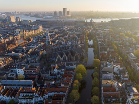 Amsterdam Historical Center Aerial morning View. Dam Street in Amsterdam, the Netherlands. Calm Dawn City, Centraal.の写真素材