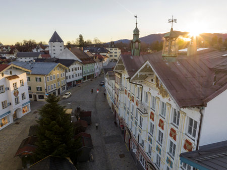 Bad Toelz, Aerial View of Old Houses at Marktstrasse in Altstadt, Bavaria Germany. Bad Tolz in Winter sunrise. Heatingの写真素材