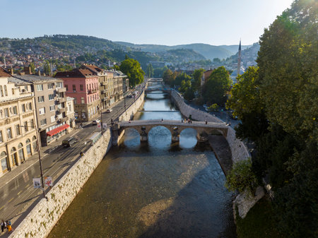 Aerial drone view of city of Sarajevo. Capital of Bosnia and Herzegovina. Buildings and streets, view from above.の写真素材