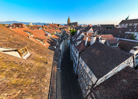 Aerial Drone Shot of the city of Colmar in Alsace France. Quiet streets at sunny Morning. Quartier des Tanneursの写真素材
